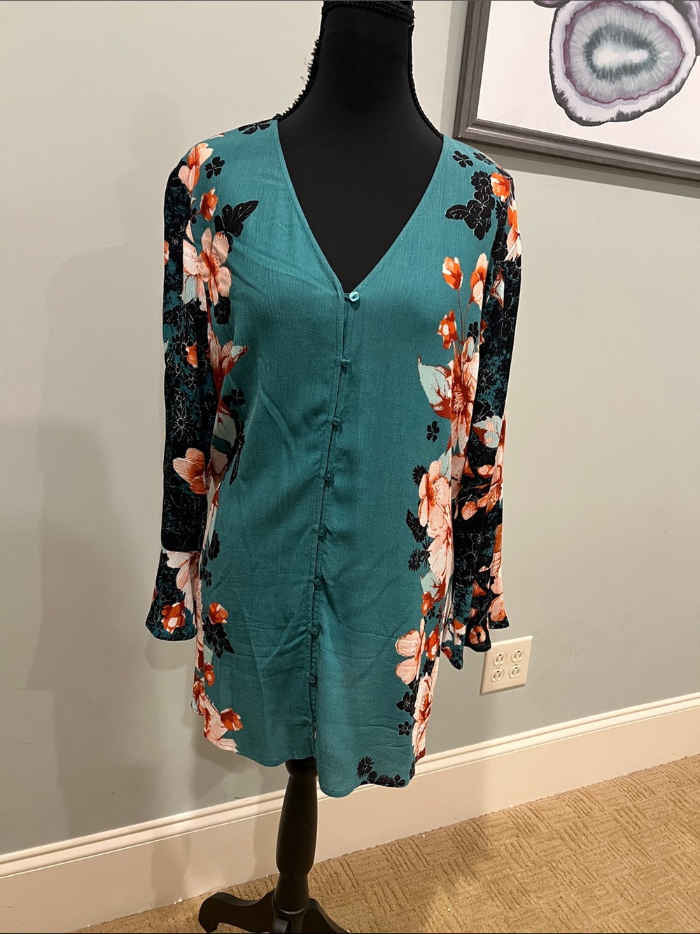 Cato Teal Floral Button-Front Tunic with Black Floral Sleeves